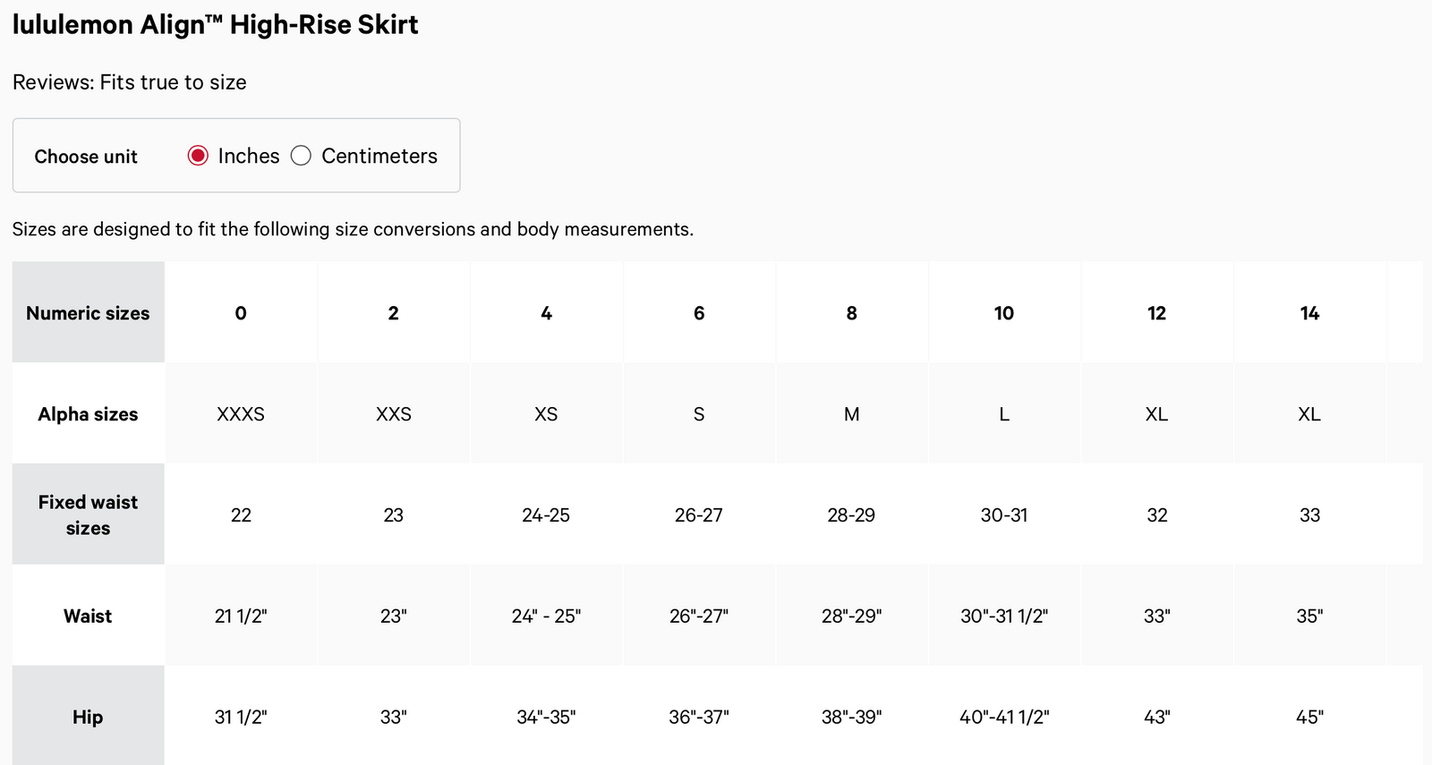 Size chart